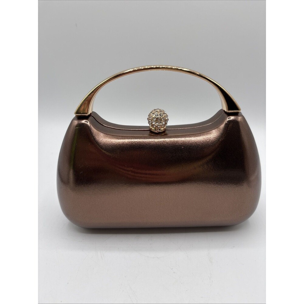 Nina Bronze Small Oval Hard Case Clutch Goldtone Top Handle Rhinestone Clasp